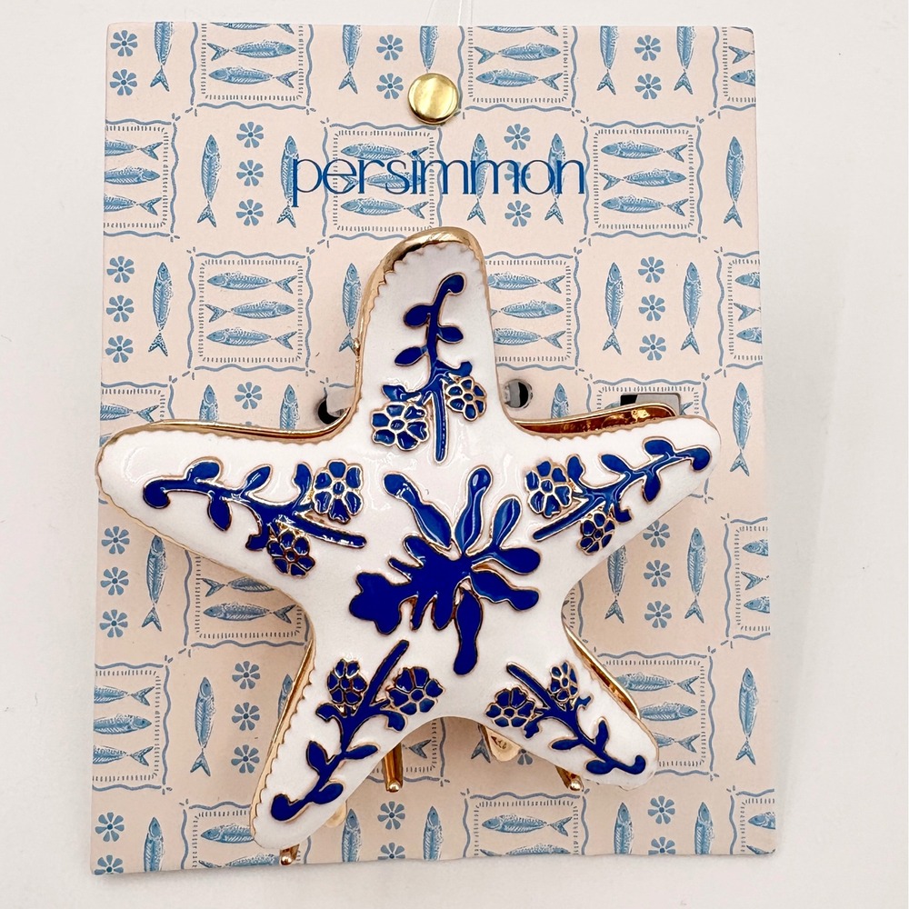 Persimmon Starfish Hair Claw Clip Blue White Chinoiserie Floral Gold Nautical